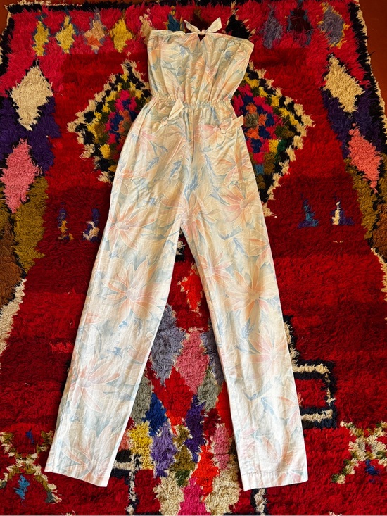 Vintage Pants - 80s Vintage Pastel Floral Strapless Jumpsuit Sz S